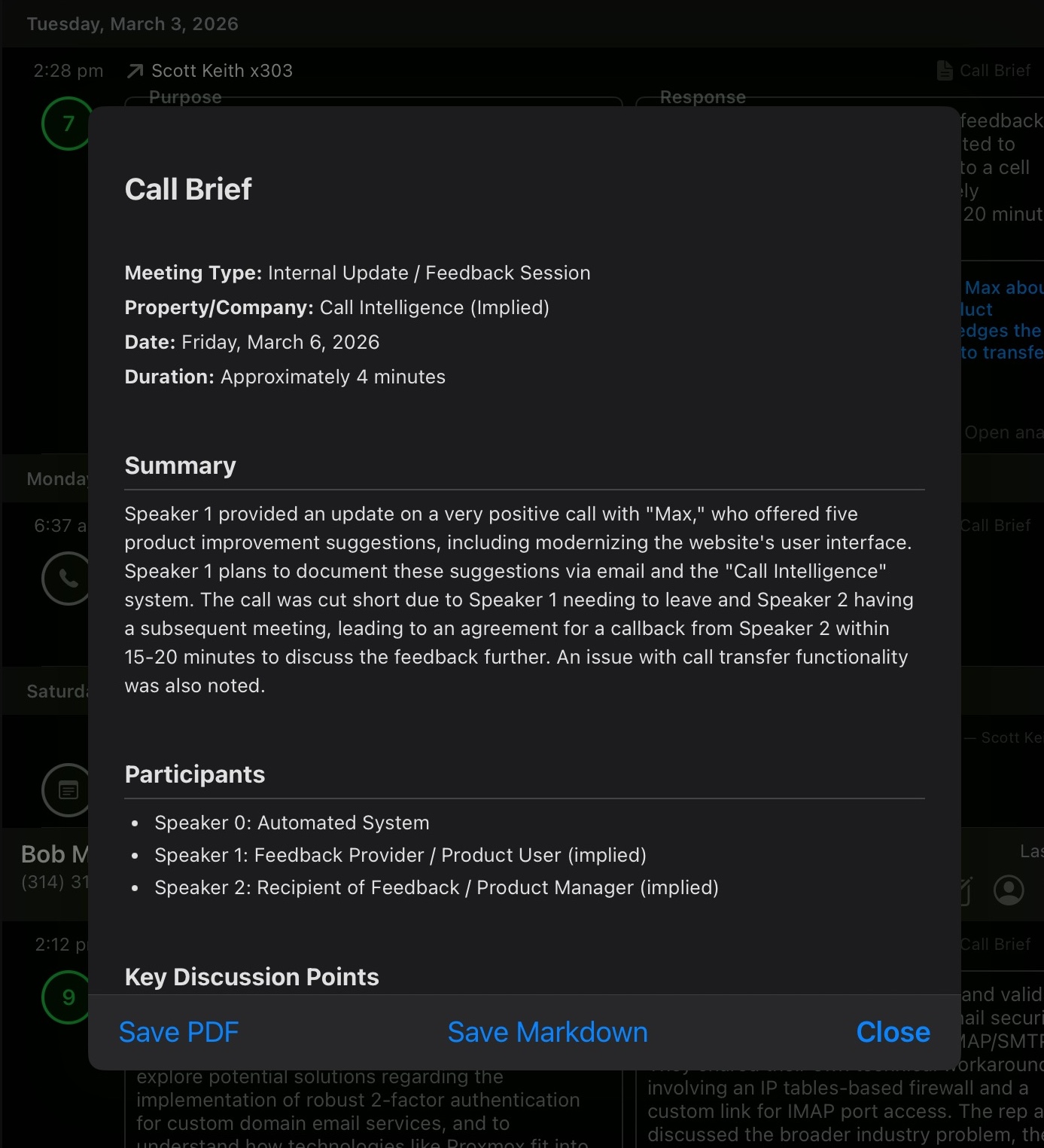 Call Brief summary with meeting type, participants, and key discussion points, plus Save PDF and Save Markdown options