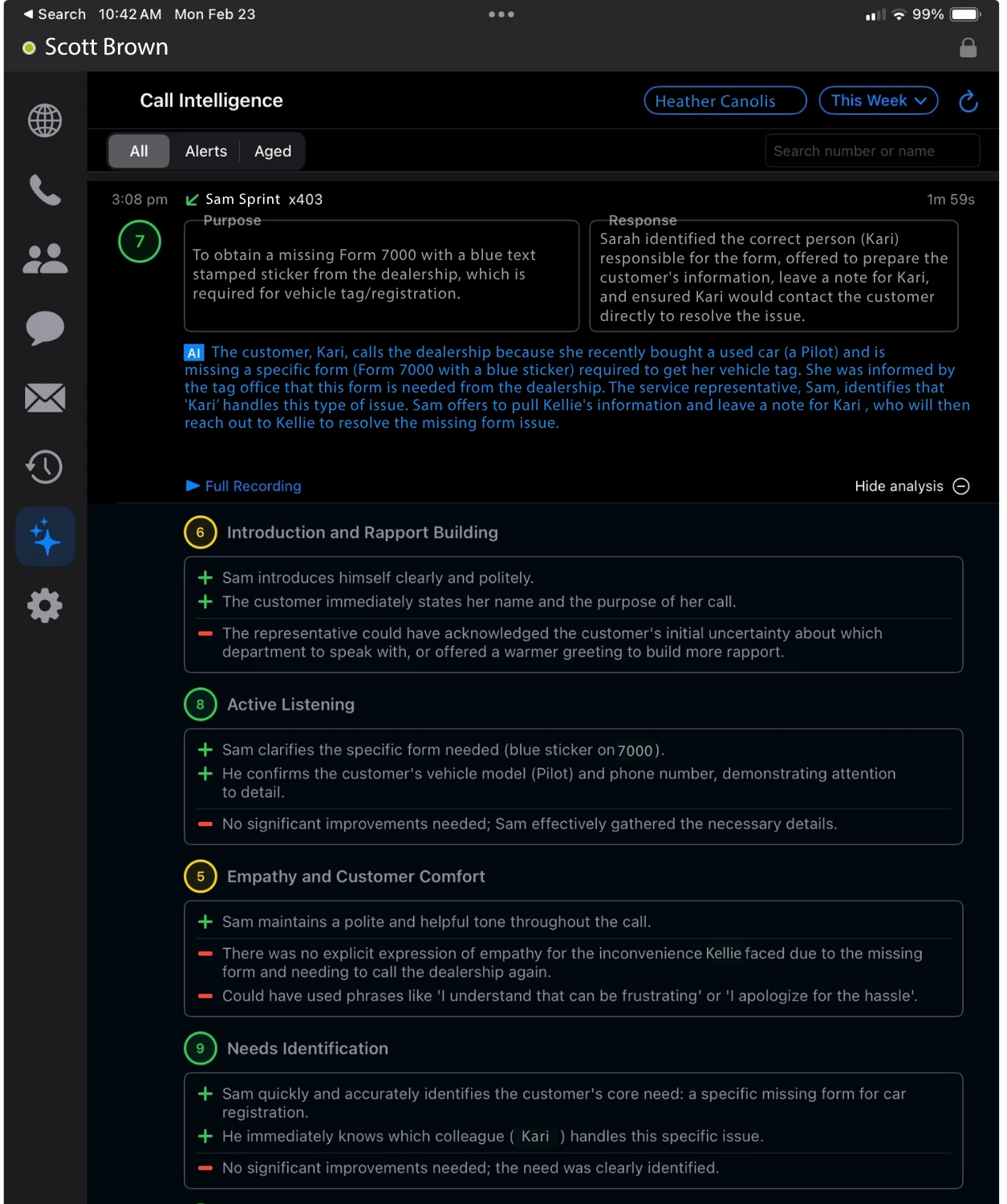 Call Intelligence inside the WebFones Voice desktop app showing AI summary, purpose, response, and per-category performance ratings