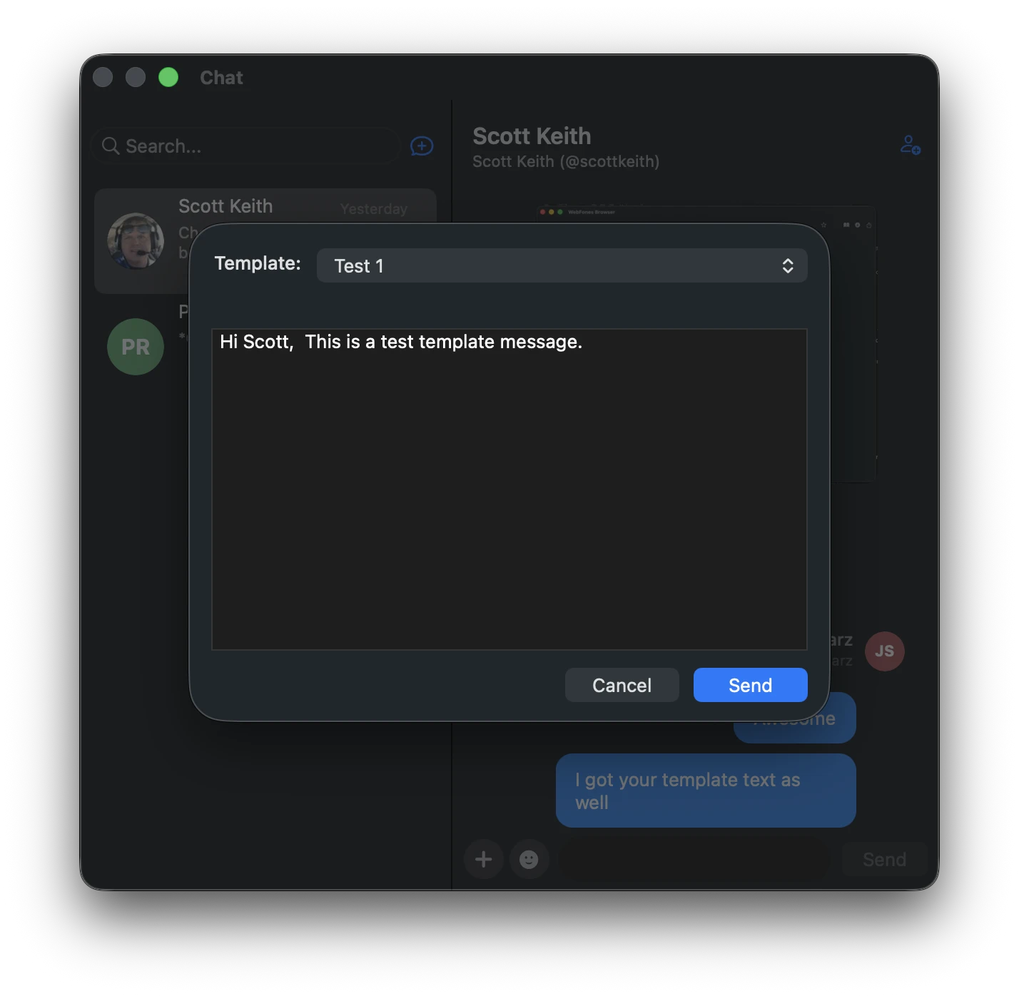 WebFones Voice for Mac messaging templates window with a saved template selected and ready to send