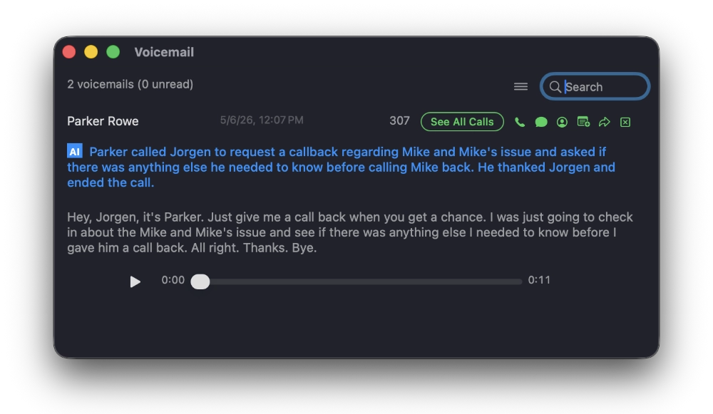 WebFones Voice voicemail window showing AI-generated summary at top, full transcript below, and audio playback controls