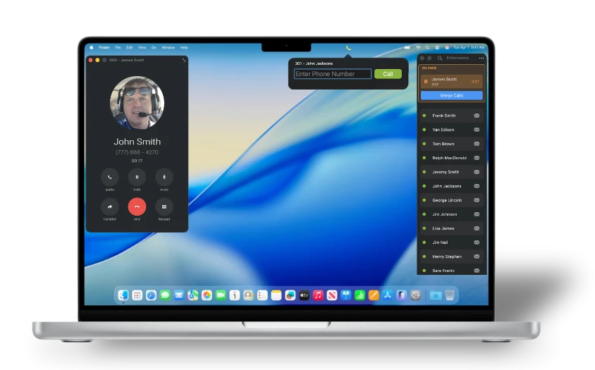 WebFones Voice for Mac — active call window with contact details, extensions sidebar, and one-click chat / call history / voicemail